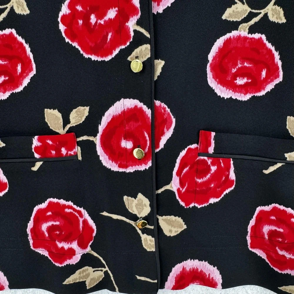 Kate Spade Jacket Womens XS Black Red Floral Rose Gold Button‎ Blazer Dressy